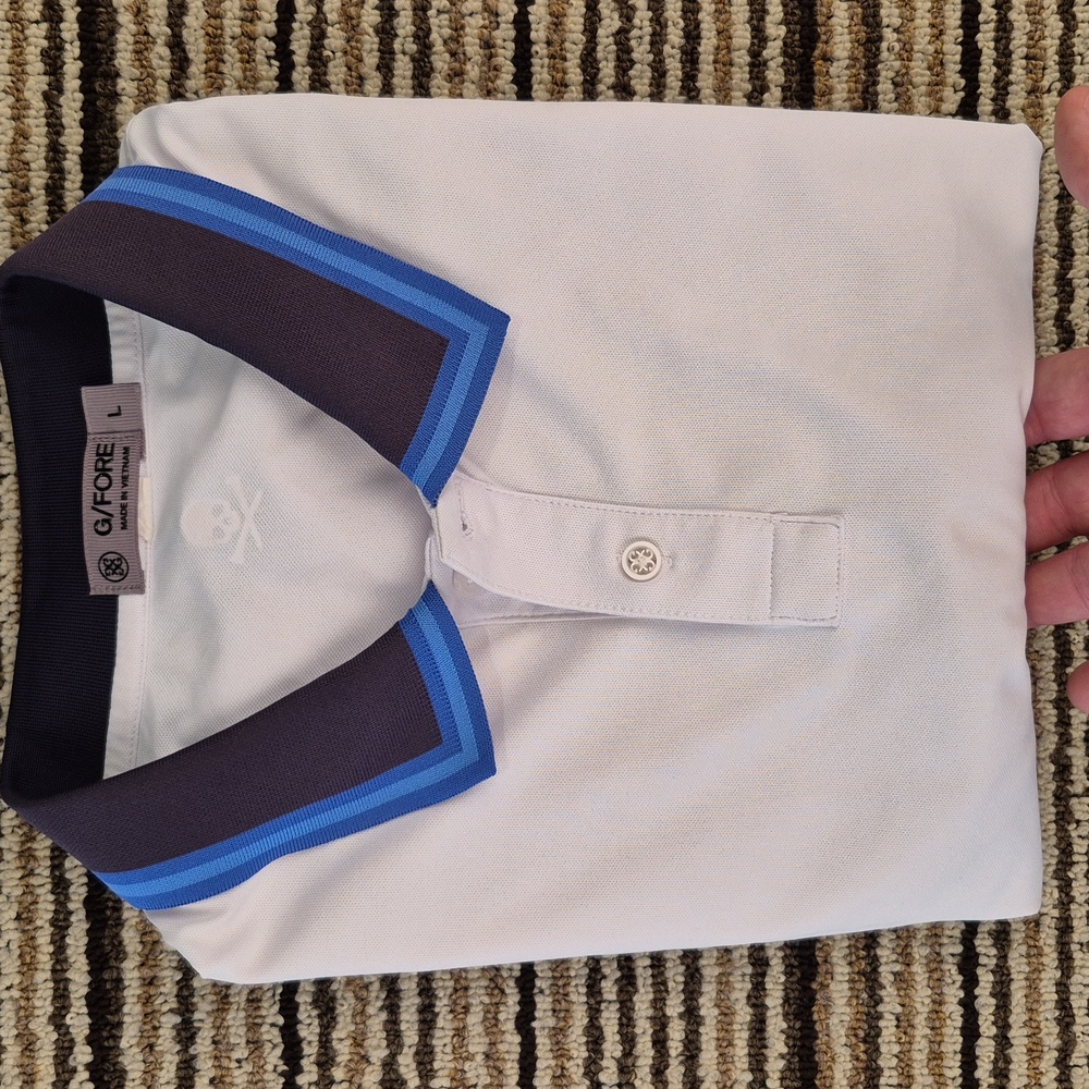 G/FORE Solid White Blue Black Logo Pattern Barton Creek Golf‎ Large Polo Shirt